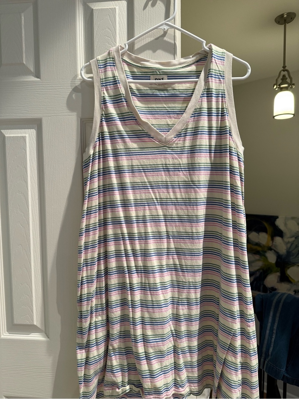 Pact Sleeveless V-Neck Striped Tank Dress in White, Pink, Blue, Green